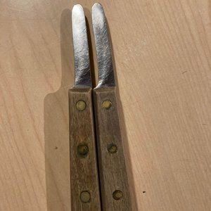set of two wooden handle brass rivet butter knives  7 inch